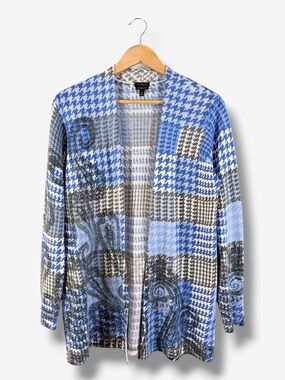 Talbots Blue Merino Wool Cardigan Size M Houndstooth Paisley Academia Preppy